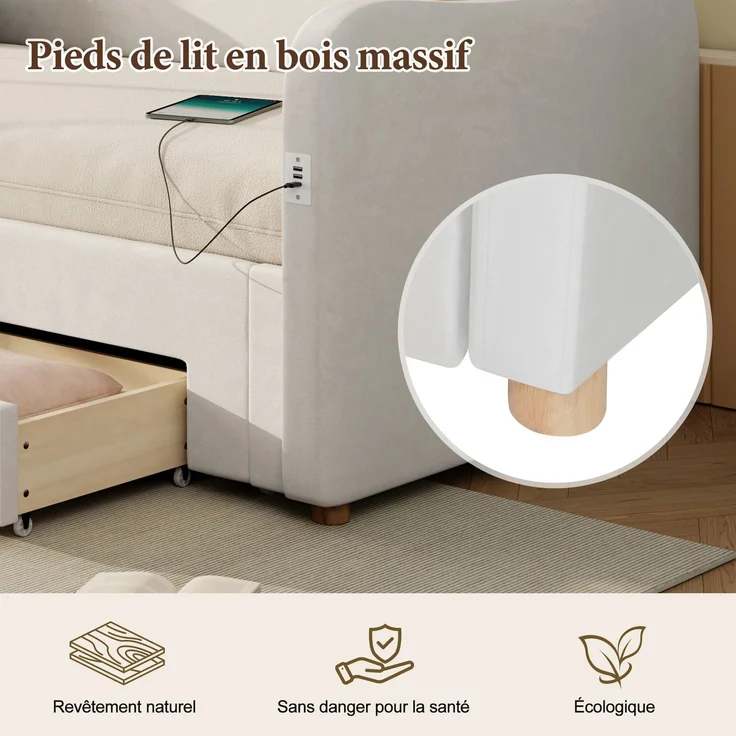 ZUBALIYA Schlafsofa 90 x 200 cm mit Schubladen, USB-Anschluss, gepolstertem Kopfteil, Samt, Beige – Bild 11