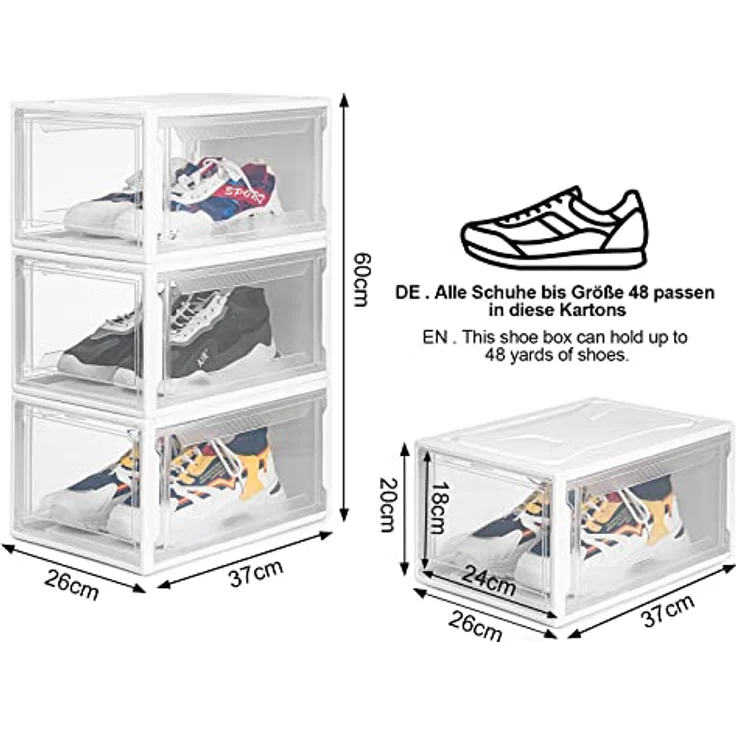 Yorbay Schuhbox 3er Set Schuhbox, stapelbarer Schuhorganizer, Schuhaufbewahrung (Kunststoffbox mit halbdurchsichtige Tür), Halbdurchsichtig weiß, für Schuhe bis Größe 48 – Bild 3