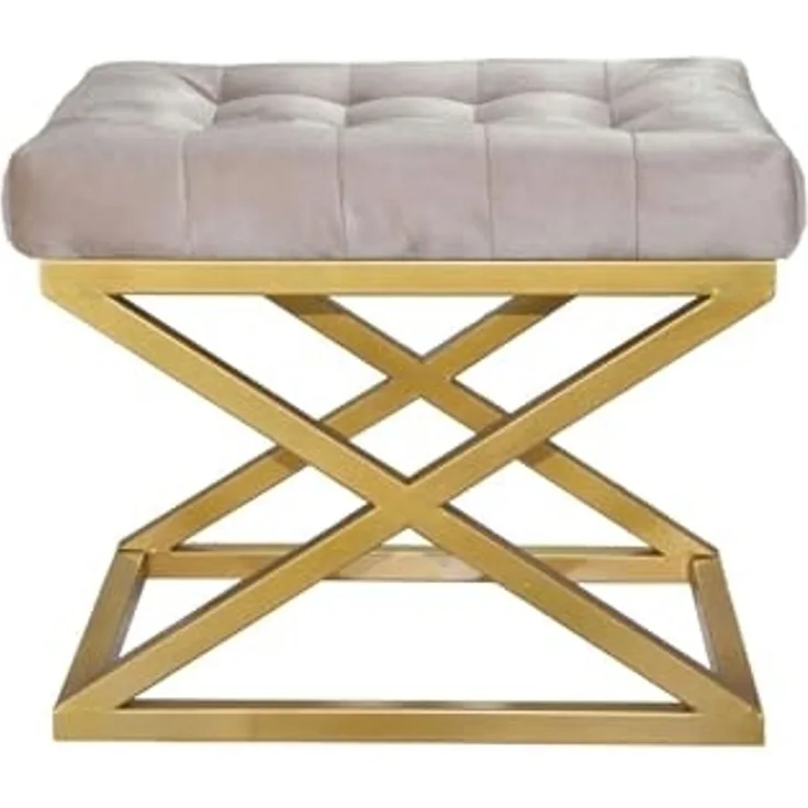 Atelier Del Sofa Stylish Pouffe with Metal Frame, 50 cm Width, 42 cm Height, 40 cm Depth | Soft Polyester Babyface Fabric in Gold & Cream | Perfect for Modern Living Spaces