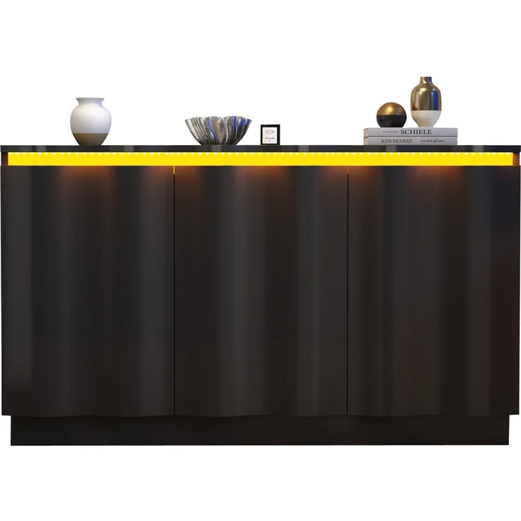 Sideboard 120x39,5x69,5 cm in Schwarz mit 3 Türen, LED-Beleuchtung und verstellbaren Einlegeböden – Bild 7