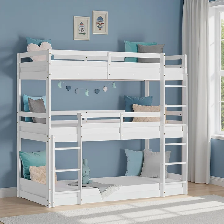 Homestyle4u Etagenbett mit 3 Liegeflächen, Kiefernholz weiß, 90x200 cm – Bild 5