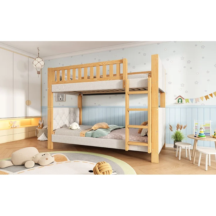 Merax Etagenbett, 90x200cm Kinderbett, Weiche Antikollisions-Schwammkante, Vierstufige gerade Treppe, Stabile Lattenroste, Grau+Natur – Bild 7