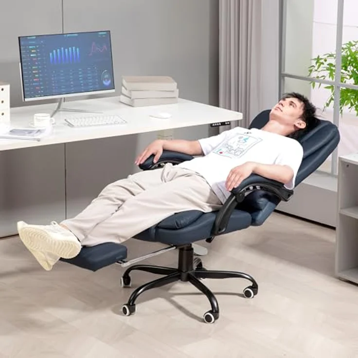 Vinsetto Bürostuhl, Drehstuhl mit 7-Punkt-Massagefunktion, verstellbarer Rückenlehne und einklappbarer Fußstütze, Blau, Kunstleder, 79x121x67 cm – Bild 2