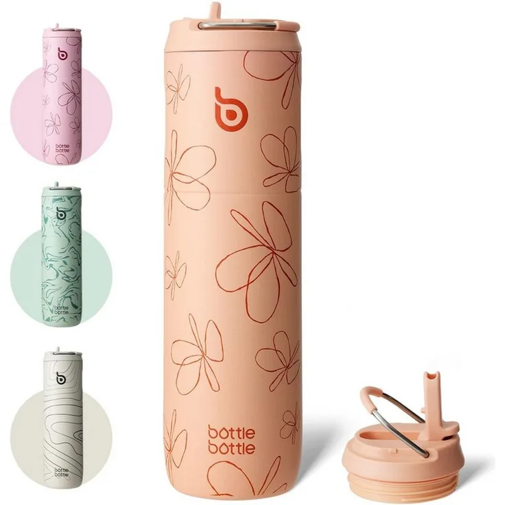 BOTTLE BOTTLE Trinkflasche Isolierte Edelstahl Trinkflasche 750 ml mit Strohhalm, Deckel & Griff, Auslaufsicher, Doppelwandig, für Sport, Reisen & Fitness