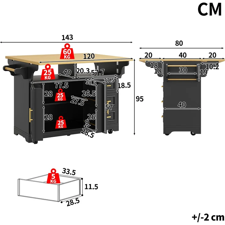 Abrihome Multifunktionale Kücheninsel Küchenbuffet Sideboard, Schwarz, auf Rollen, Esstisch-Erweiterung – Bild 5