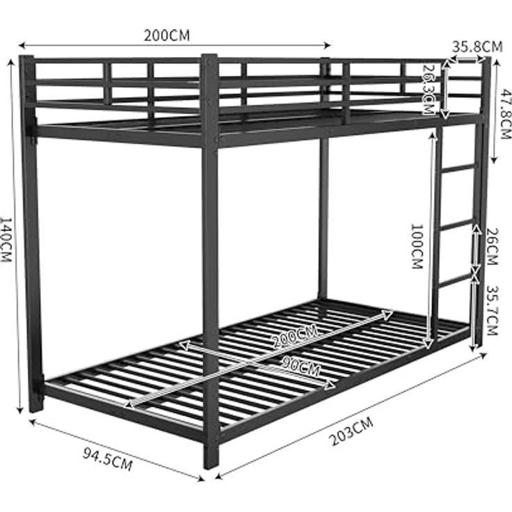 FAVSH Etagenbett 90x200 cm, stabiles Metallbett mit Leiter und Sicherheitsgeländer, Hochbett für 2 Kinder mit Lattenrost, Stockbett für Erwachsene und Jugendliche, Platzsparendes Bettgestell, Schwarz – Bild 2
