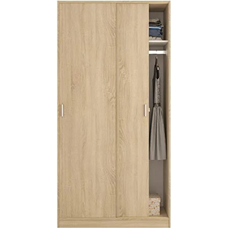 Kleiderschrank mit zwei Schiebetüren mit Kleiderstange und einem Innenregal, Eichenfarbe, Maße 100 x 200 x 50 cm – Bild 5