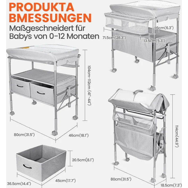 Orzbow Tragbarkeit Baby Wickelkommode mit Schubladen und Nachtlicht, Höhenverstellbare Mobiler Baby Wickeltisch Klappbar mit Sicherheitsgurt, Geräumiger Stauraum Baby Changing Table, Grau – Bild 7