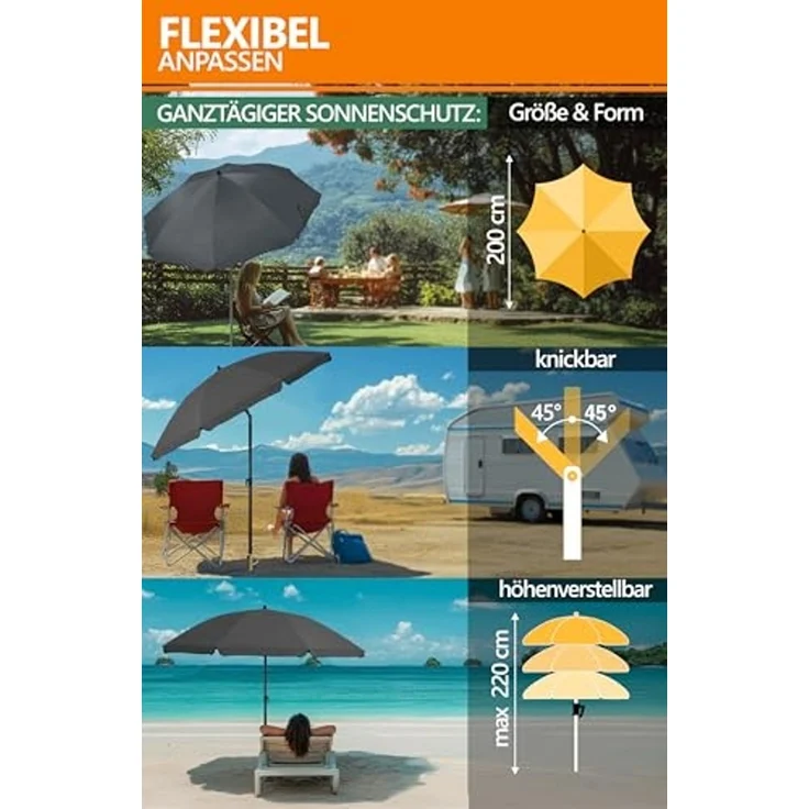4smile SunnyJoy 3-IN-1 Set mit Sonnenschirm Strand in Anthrazit - Strandschirm windfest stabil 200 cm mit Hülle + Rasendorn Sonnenschirmhalter - Sonnenschirm mit Rasendorn für Garten, Schirmspieß – Bild 5