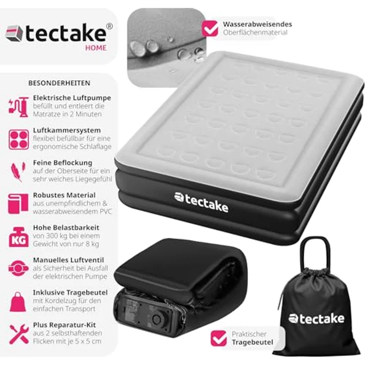tectake AirDreams Luftbett, selbstaufblasend mit elektrischer Pumpe, Schwarz, Weiß, 200 x 148 x 44 cm, belastbar bis 300 kg – Bild 3