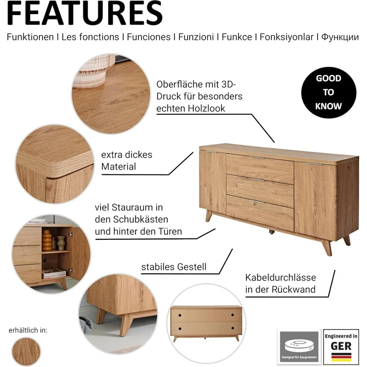Jahnke Sideboard, Engineered Wood, Montana Eiche Nb, One Size – Bild 14