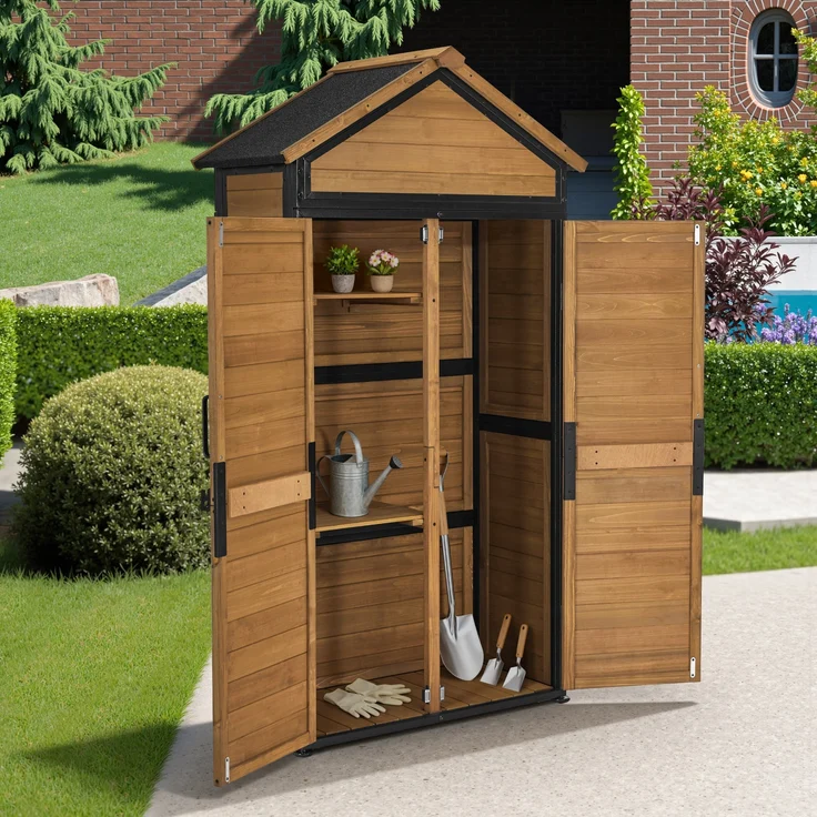 M MCombo Gartenschrank Gartenhaus Holz Metgallgestell Wetterfest, Gerätehaus Outdoor, für Außenbereich Garten Terrasse, Geräteschuppen mit 2 Bewegliche Regale, 2736 (Natur) – Bild 5