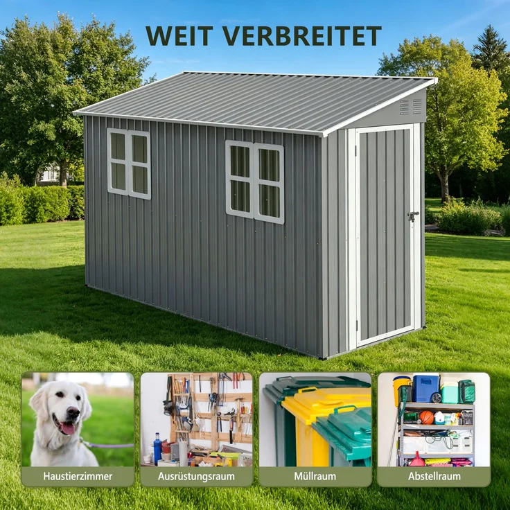 ZUBALIYA 4x10 Fuß (ca. 1, 2x3 m) Outdoor-Schwerlast-Metallschuppen mit Boden-Kit, Anlehn-Design mit links/rechts-Tür & 2 Fenstern, H 188.6 × T 291 × B 110.8 cm, Grau – Bild 2