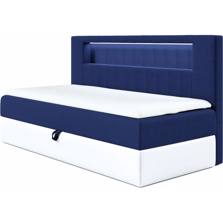 MEBLINI Kinderbett mit Bettkasten GARETH 2 90x200 – H3/Blau Samt Gepolstert Einzelbett mit Matratze - Polsterbett mit Stauraum - Bett mit Kopfteil – Stauraumbett