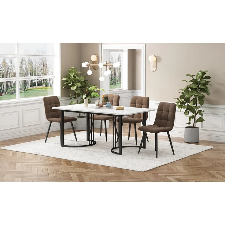 Essgruppe 5-tlg, Esstisch 140x80x75 cm & 4 Samtstühle in Weiß/Braun – Bild 2