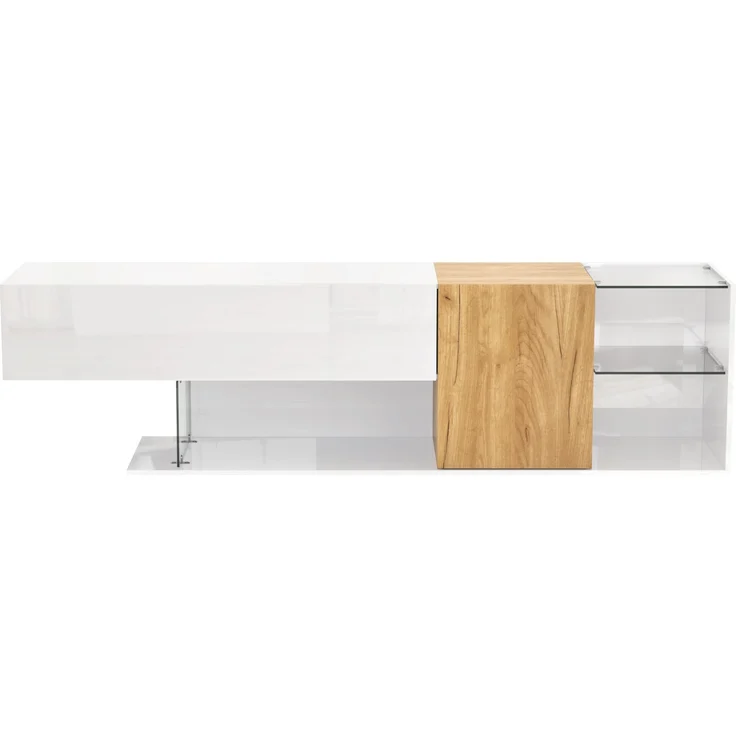 Merax 180cm TV-Schrank in Hochglanz Weiß mit Holzoptik und Glasregalen, mit Praktischer Aufbewahrung – Bild 9