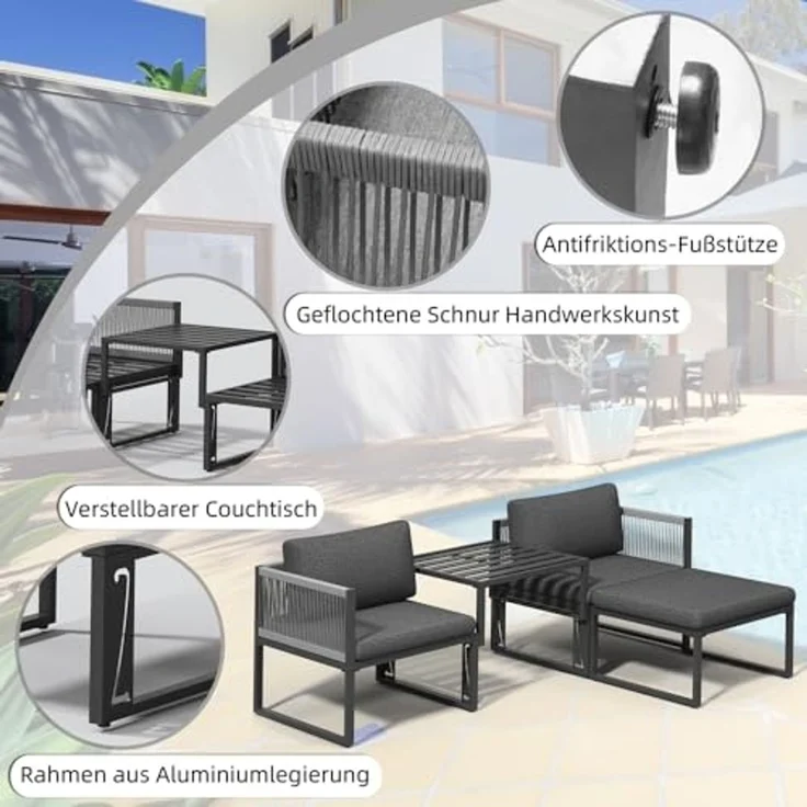 Melko Sitzgruppe Möbelset Aluminium Balkon Set wetterfest Gartenmöbel Sitzgarnitur, (inkl. höhenverstellbare Füße, 4-tlg, Aluminiummöbel), Hocker kann je nach Bedürfnissen als Tisch oder Liege verwendet werden – Bild 4