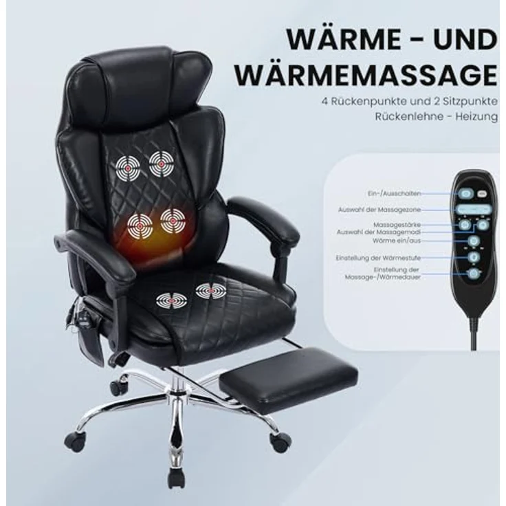 COLAMY Bürostuhl Ergonomisch mit Massagefunktion, Ergonomischer Schreibtischstuhl mit Heizfunktion, Chefsessel mit Fußstütze, 360° Drehstuhl, 94-125° Verstellbarer Rückenlehne, für Office, Schwarz – Bild 9