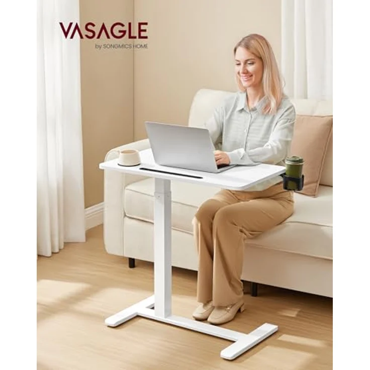 VASAGLE Beistelltisch mit Rollen, mobiler Stehtisch, 70 x 40 cm große Tischplatte, verstellbare Höhe, 2 Getränkehalter, Schlitz für Handy oder Tablet, wolkenweiß – Bild 3