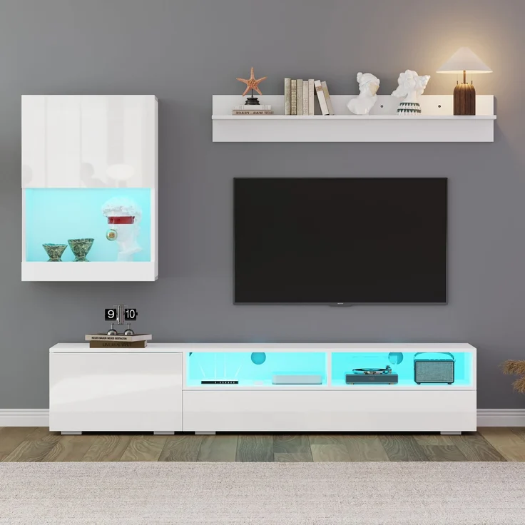Wohnzimmermöbel 3 Set mit LED-Beleuchtung, TV Lowboard mit 2 offenen Fächern & 2 Türen,Wandschrank & Wandregal – Bild 2