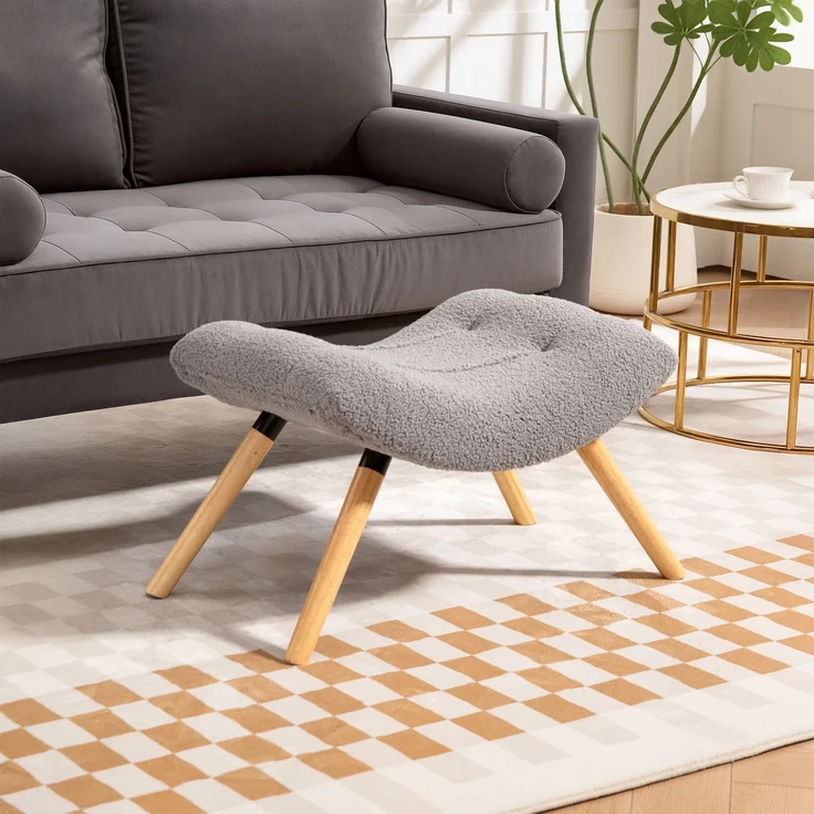 MELAYR, Moderner Fußhocker mit Fleece-Bezug und Holzbeinen, gepolstert, für Wohnzimmer, 67 x 45 x 38 cm, Hellgrau – Bild 3