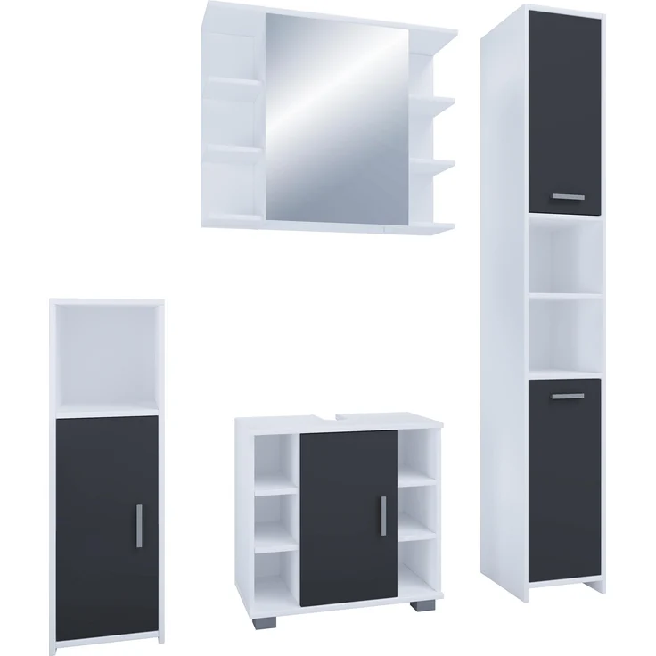 VCM Badmöbelset "Zalo II", 4-tlg. Komplett Set mit Unterschrank, Hochschrank, Midischrank und Spiegelschrank, pflegeleichte Melamin Beschichtung, zeitloses Design