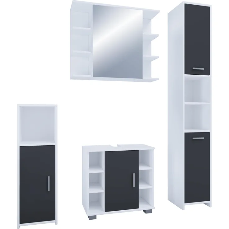 VCM Badmöbelset "Zalo II", 4-tlg. Komplett Set mit Unterschrank, Hochschrank, Midischrank und Spiegelschrank, pflegeleichte Melamin Beschichtung, zeitloses Design