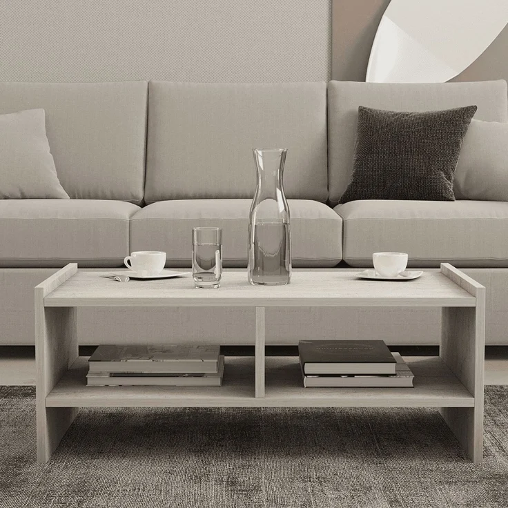 Calicosy Couchtisch mit 2 offenen Fächern, Travertin-Dekor L90 cm - PERA - Beige – Bild 4