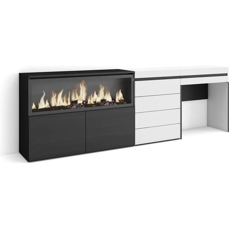 Skraut Home | Schminktisch | Frisiertisch mit Stauraum | 234 x 75 x 35 cm | mit Schublade | Elektrokamin XXL | Kommode mit Schubladen | Moderner Stil | Weiß
