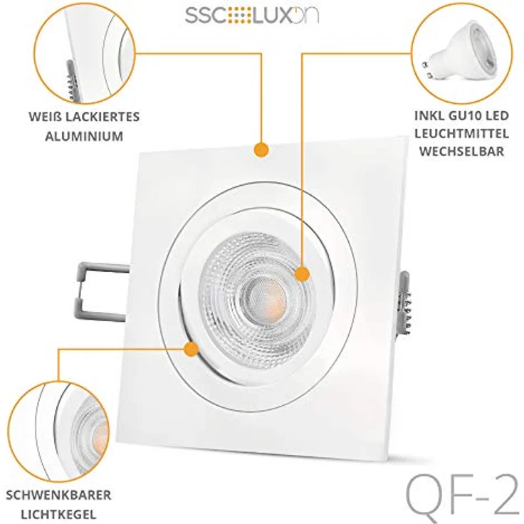 SSC-LUXon QF-2 quadratischer Einbauspot LED, schwenkbar in weiß, inkl. GU10 LED 5W LumiFLEX, drei Lichtfarben (warmweiß, neutralweiß, kaltweiß) – Bild 3