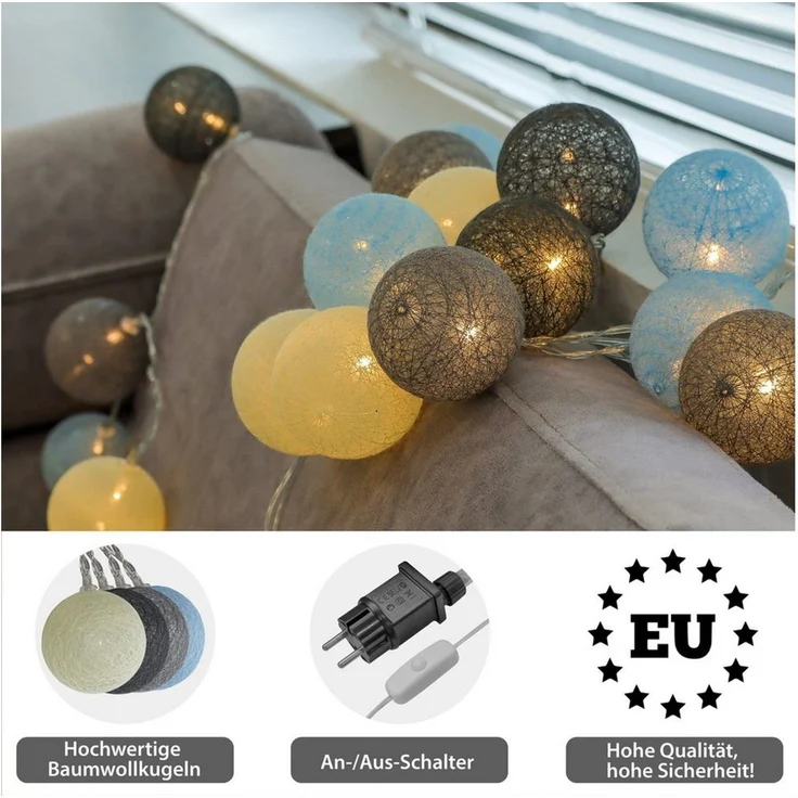 COZY HOME LED-Lichterkette Cotton Balls - Strombetrieben, 20 LED I 6m I Warmweiße LED-Cotton Ball I Hausbett Bunt Deko – Bild 3