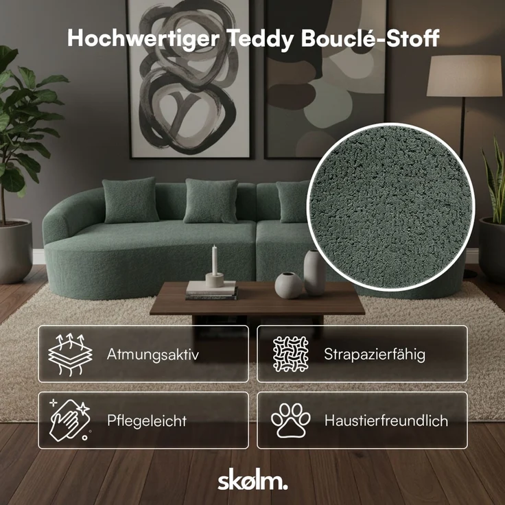 skølm 'Loki' Sofa 4 Sitzer, Vollschaumcouch mit Federkern und Vakuum-Kompression, kein Aufbau erforderlich, mit 4 Kissen, Teddy-Bouclé Stoff dunkelgrün – Bild 6