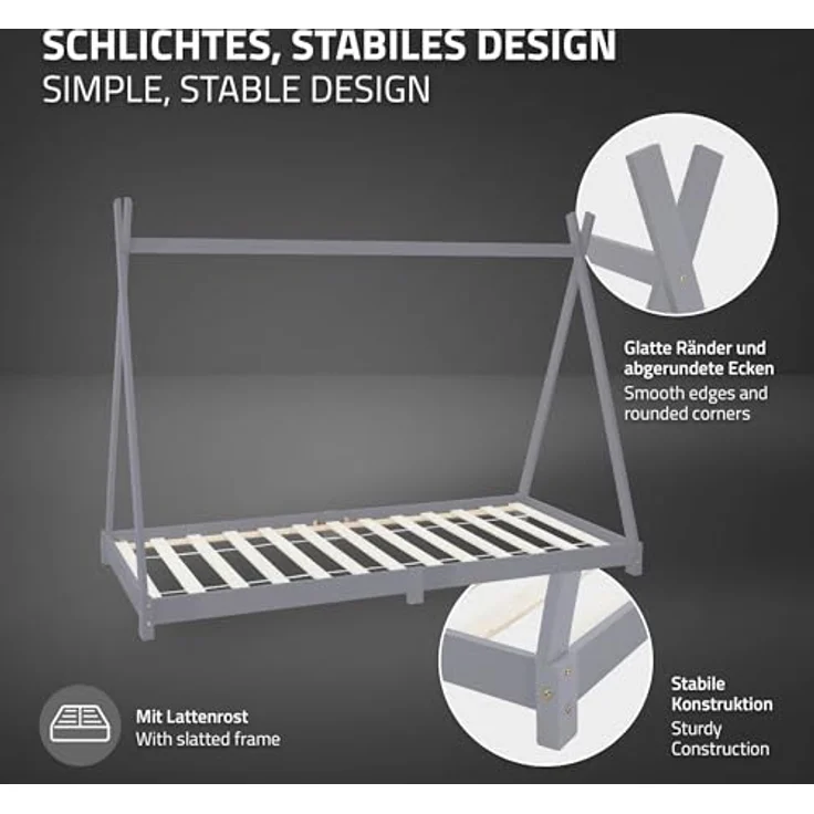 ML-DESIGN Spielbett Hausbett Tipi Zeltbett inkl. Lattenrost Bodenbett Kinder Himmelbett, Abenteuerbett zum Spielen Zelt Kinderbett Kiefer Bettenhaus Bett Grau – Bild 5