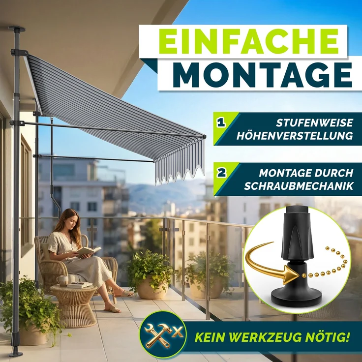 tillvex Balkonmarkise 150 cm Blau/Grau Gelenkarm Markise Klemmmarkise Sonnenmarkise Balkon ohne Bohren – Bild 3