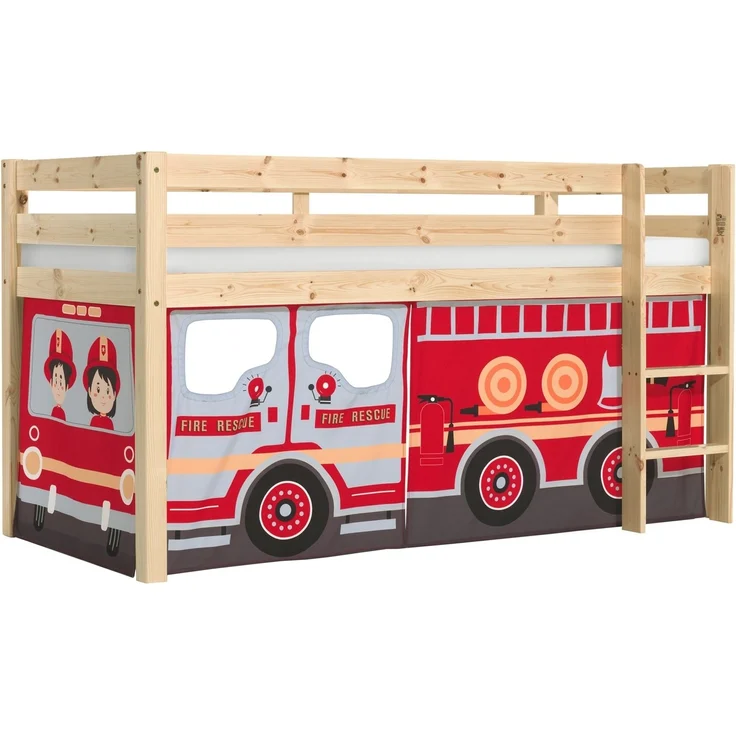 Kinderbett Karolina 210x114x106 Massivholz Natur Textilset Feuerwehr – Bild 1