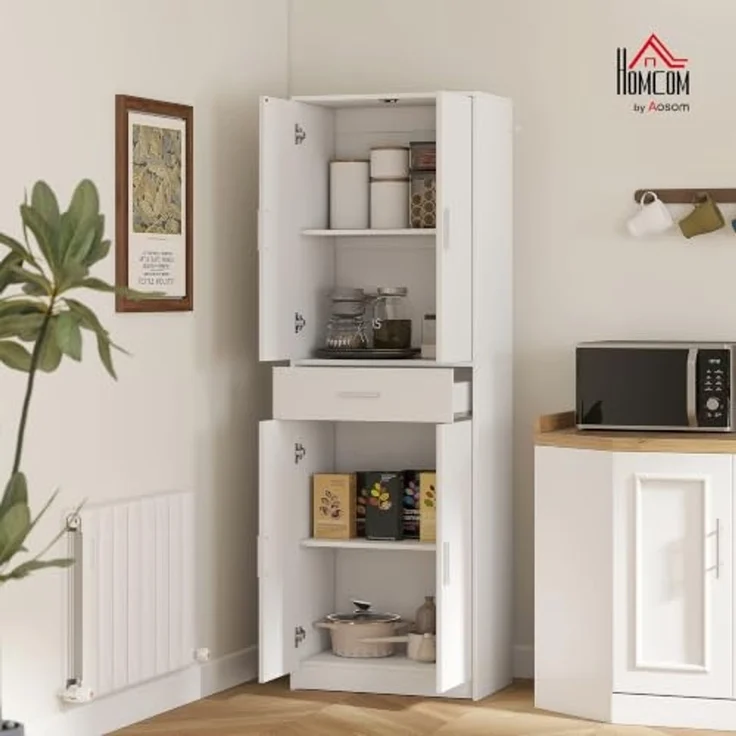 HOMCOM Küchenbuffet Hochschrank Vorratsschrank Einlegeböden Skandinavisches Design (freistehender Küchenschrank mit Schublade, 1-St, Vitrinenschrank mit verstellbaren Regalen) 60 x 35 x 180 cm, Weiß – Bild 2