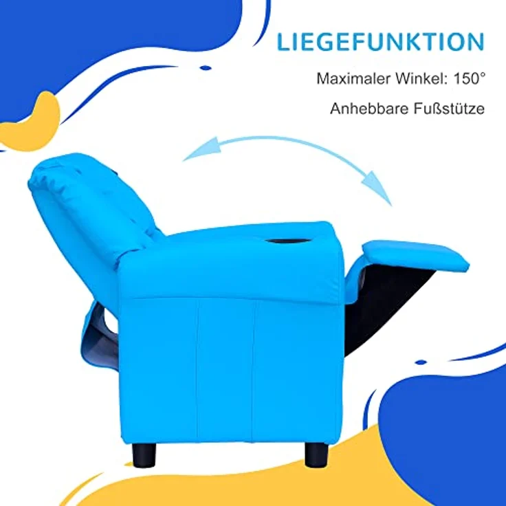 HOMCOM Sessel Kindersessel, Liegefunktion, Eingebauten Becherhalter, Blau (Set, 1-St, Kindersofa für 3-6 Jahre alt), 62B x 52T x 69H cm – Bild 5