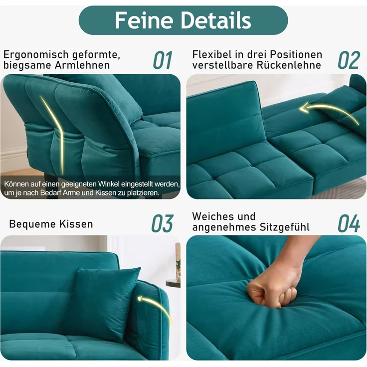 Merax 2-in-1 Verstellbares Schlafsofa – Zweisitzer mit Samtbezug, klappbaren Armlehnen & Schlaffunktion, ideal für kleine Räume, Antik Blaugrün – Bild 2