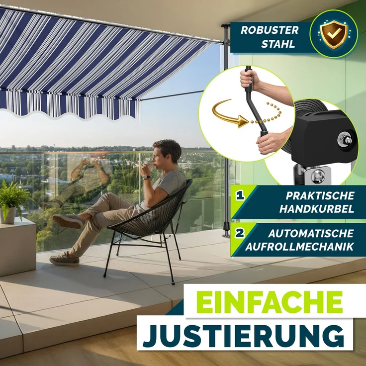 tillvex Balkonmarkise 150 cm Blau/Grau Gelenkarm Markise Klemmmarkise Sonnenmarkise Balkon ohne Bohren – Bild 5
