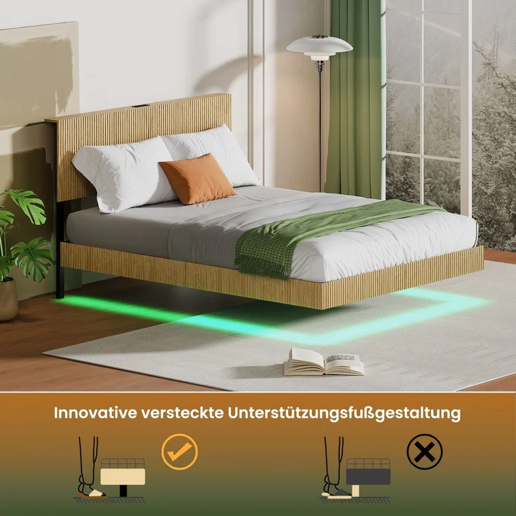 EINHOM Modernes Bett mit Schwebedesign und genuteter Verkleidung, inklusive Kopfteil, ausgestattet mit stimmungsvollen LED-Leuchten und einem stabilen Rahmen aus verstärktem Flacheisen-140 x 200 cm, Natur (Ohne Matratze) – Bild 5