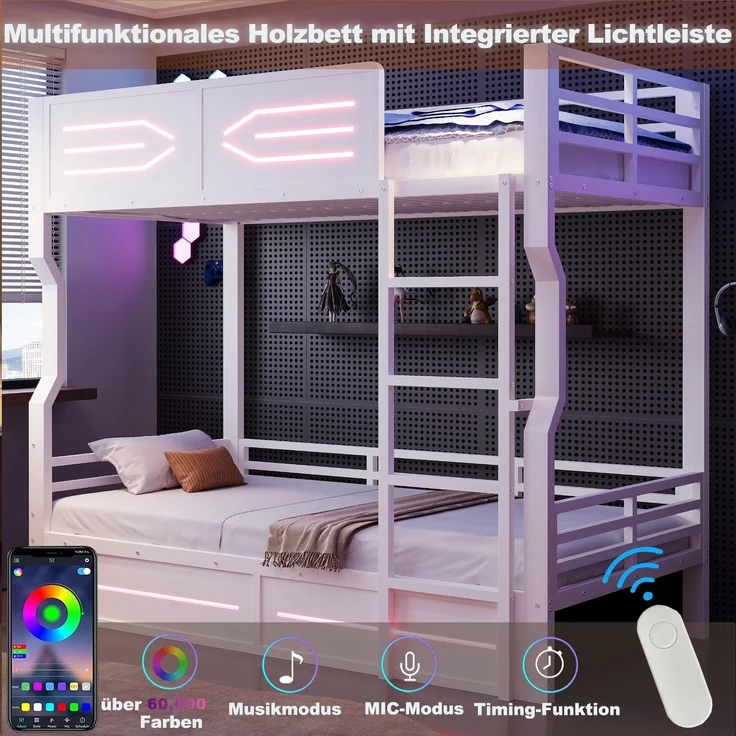 ZUBALIYA Etagenbett 90 × 200 cm, Metall, LED-Beleuchtung, Weiß – Bild 4