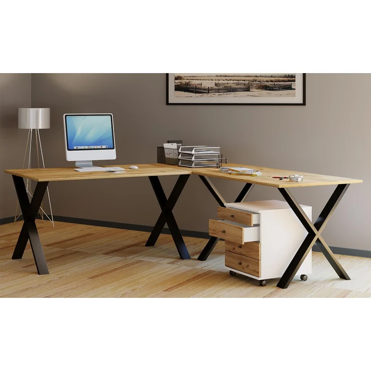 VCM Schreibtisch Lona 919781 Schwarz / Honig-Eiche H. 76 x B. 190 x T. 190 cm – Bild 2