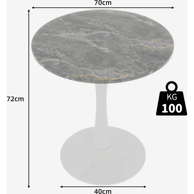 Novelux Runder Esstisch 70 cm Weißer Couchtisch Mid-Century Tisch für 2-4 Personen – Marmor Optik Tischplatte dunkelgraue Adern, Kompakter Bistrotisch – Bild 2