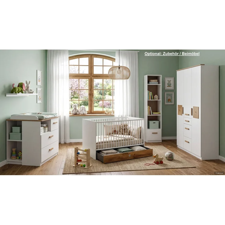 Babyzimmer-Set Kinderzimmer Babybett Wickelkommode Kleiderschrank 91 Weiß Eiche – Bild 7