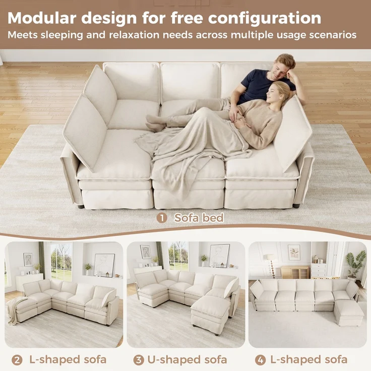 ZUBALIYA Wohnlandschaft 127x91 cm, mit Chenille - Bezug, mit Samtbezug, mit breiten Armlehnen, modular aufgebaut, Beige – Bild 13
