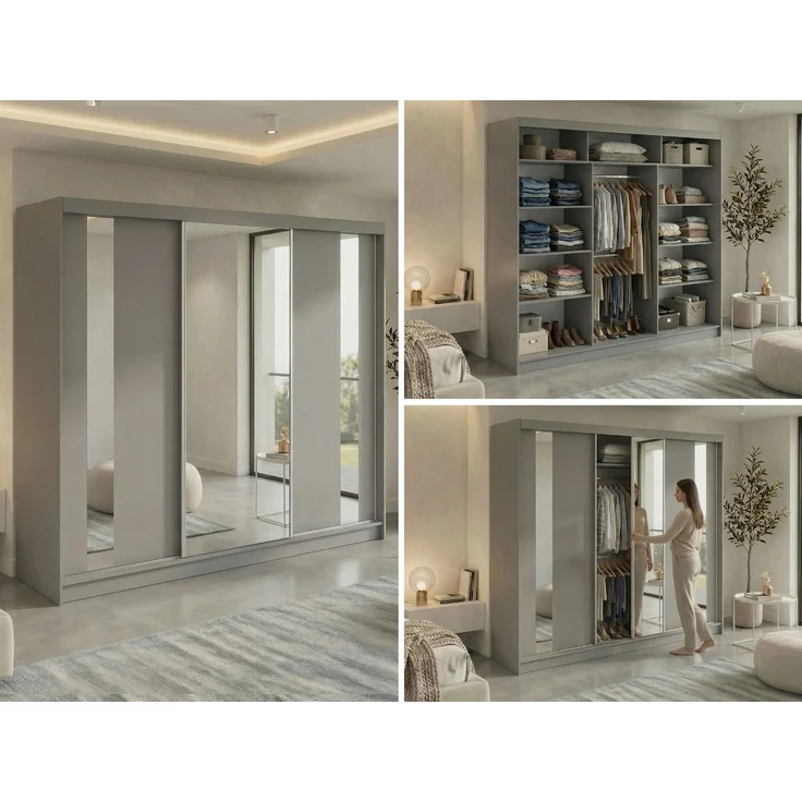 Schiebetürenschrank GRECJA 240 cm breite mit Spiegelfront und Dekor-Applikationen in Grau, inkl. Kleiderstange & Einlegeböden - Grau – Bild 2