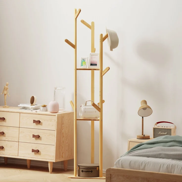 UNHO Kleiderständer Garderobenständer in Baumform Standgarderobe Bambus Beige 40 x 40 x 170 cm – Bild 2