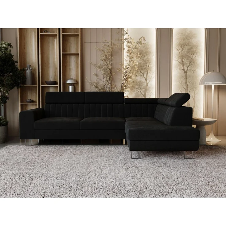 GRAINGOLD Ecksofa Berona, Couch L-Form mit Schlaffunktion, Bettkasten, Verstellbare Kopfstützen, Velour-Stoff, Schwarz, Rechts – Bild 1