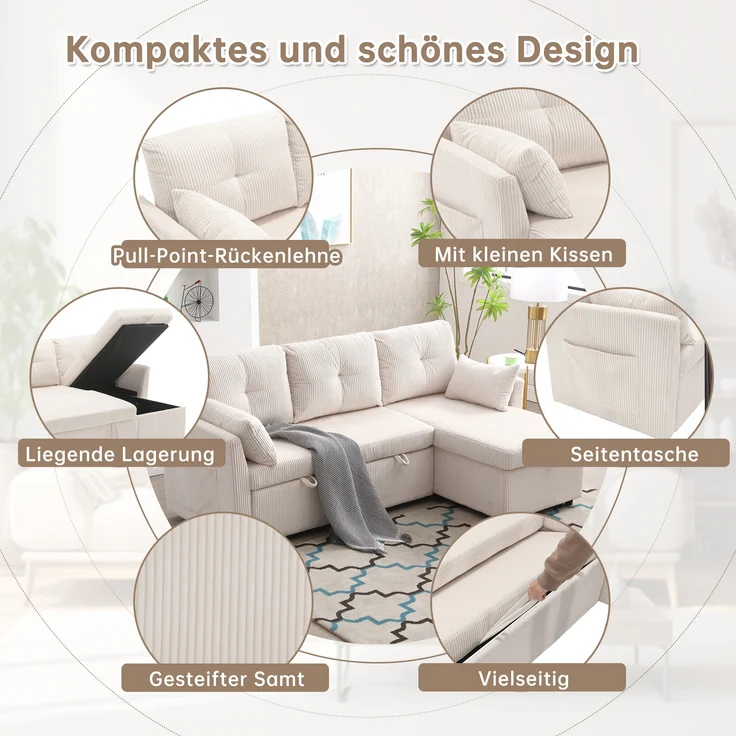 LVHOM Ecksofa mit Schlaffunktion L-Form, Sofa mit Bettkasten, Wohnzimmersofa mit Seitentasche, Couch Samtstoff, Bettsofa, 3 Sitzer – Bild 3
