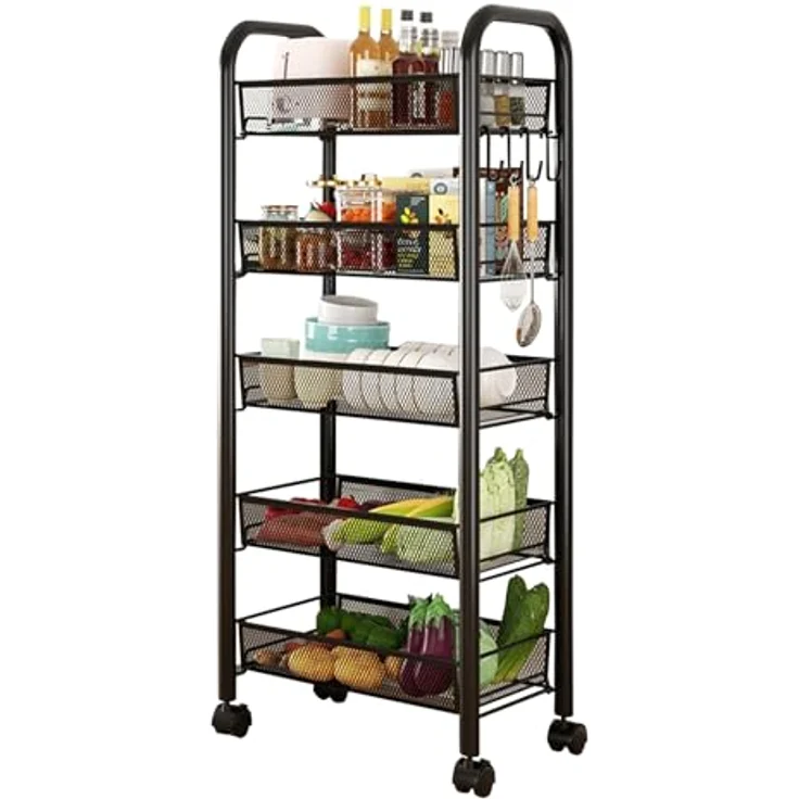 GarveeLife Rollwagen 5 Ebenen, Küchenwagen Schmal, Nischenregal auf Rollen für Kleine Räume, 44 x 26 x 102cm, Küche, Bad, Wohnzimmer, Arbeitszimmer, Schwarz – Bild 1